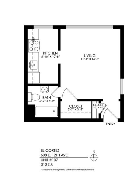 Floor plan for studio, 1 bath, 350 sqft